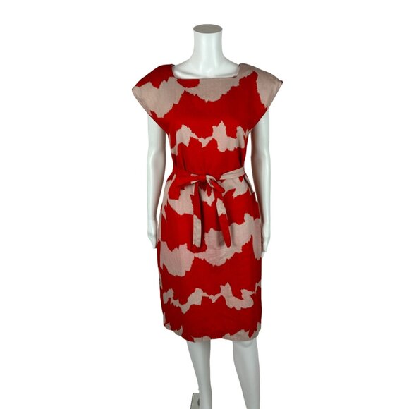 Vintage 80s Sheath Dress Women's Medium Red White Artistic Faux Linen - Picture 2 of 11